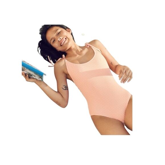 NWT Aerie Gingham & Striped One Piece Swimsuit Pink Orange Size XL - Picture 1 of 9